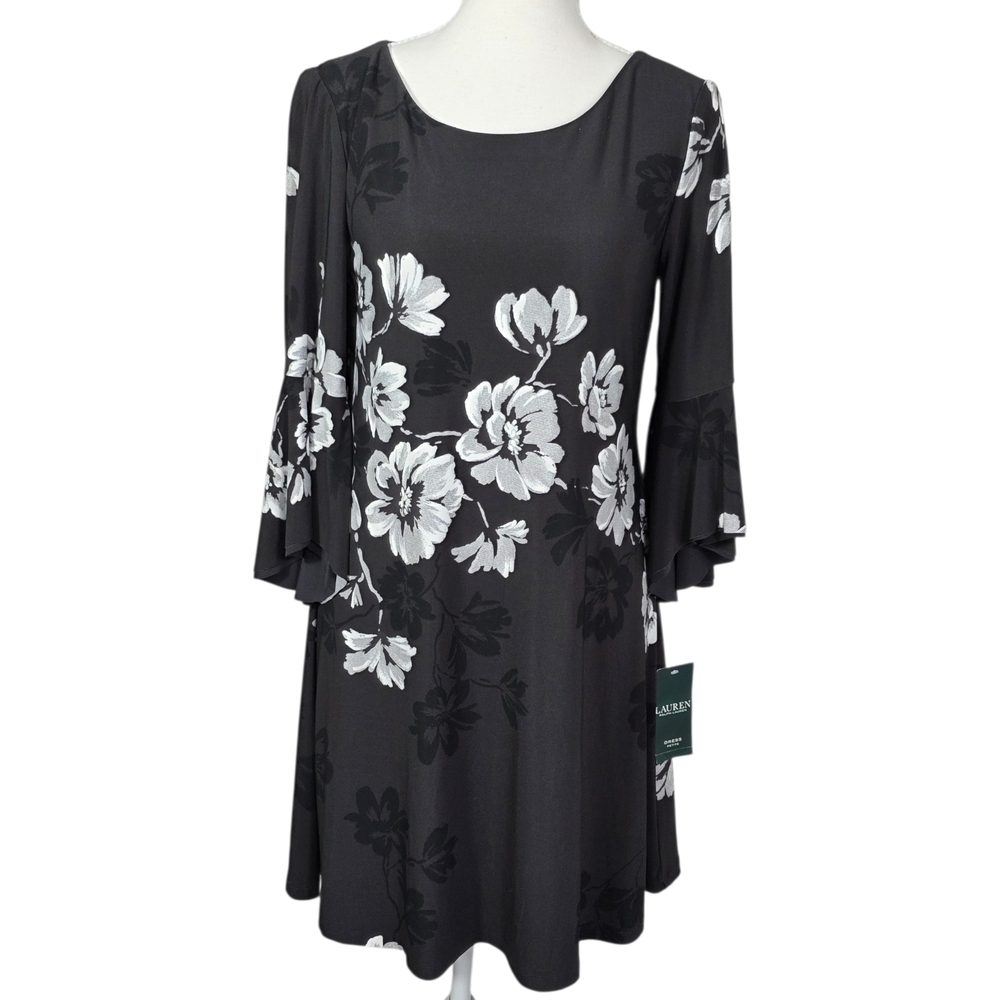 Lauren Ralph Lauren Petite Dress 4P Black Floral Stretch A-Line Lined NWT